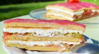 Gâteau vanille, fraise et rhubarbe